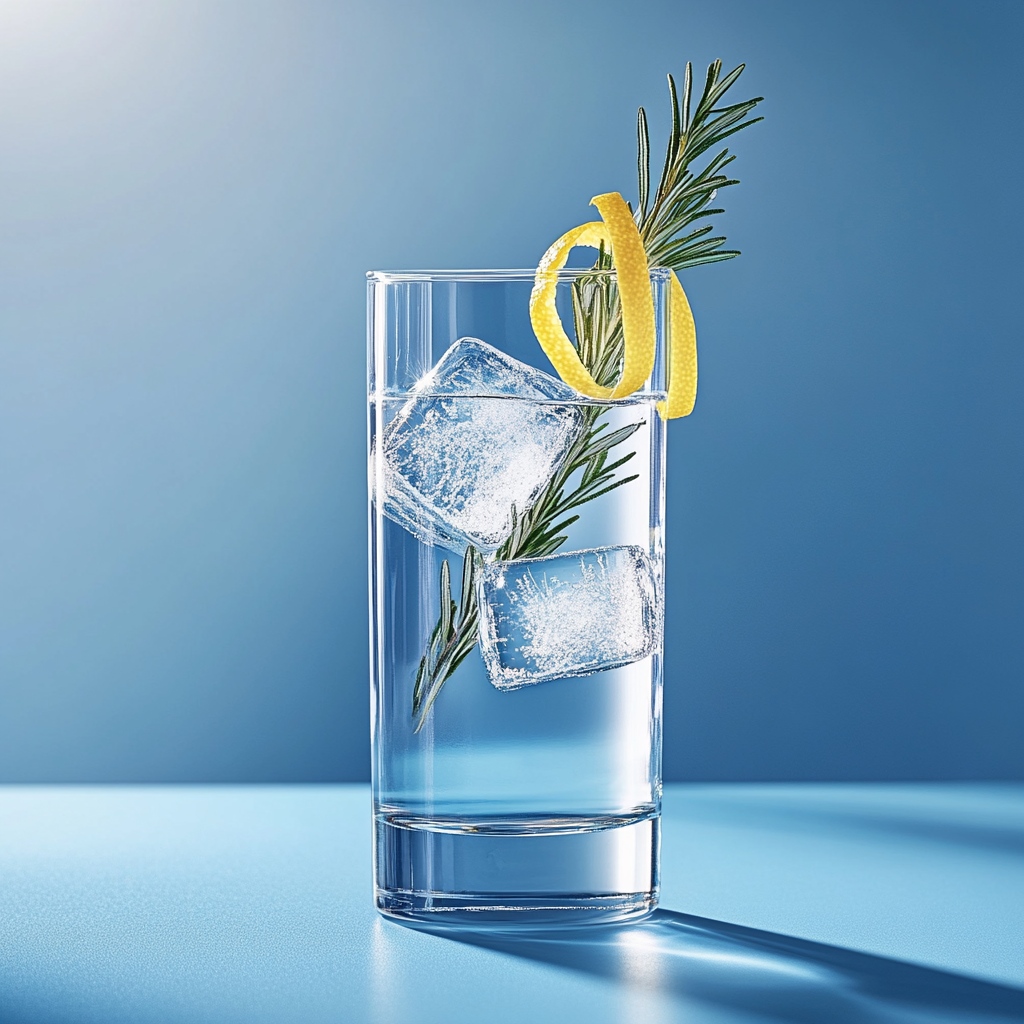 Ein Glas Wasser mit Eiswürfeln, einem Rosmarinzweig und einer Zitronenschale auf blauem Hintergrund.