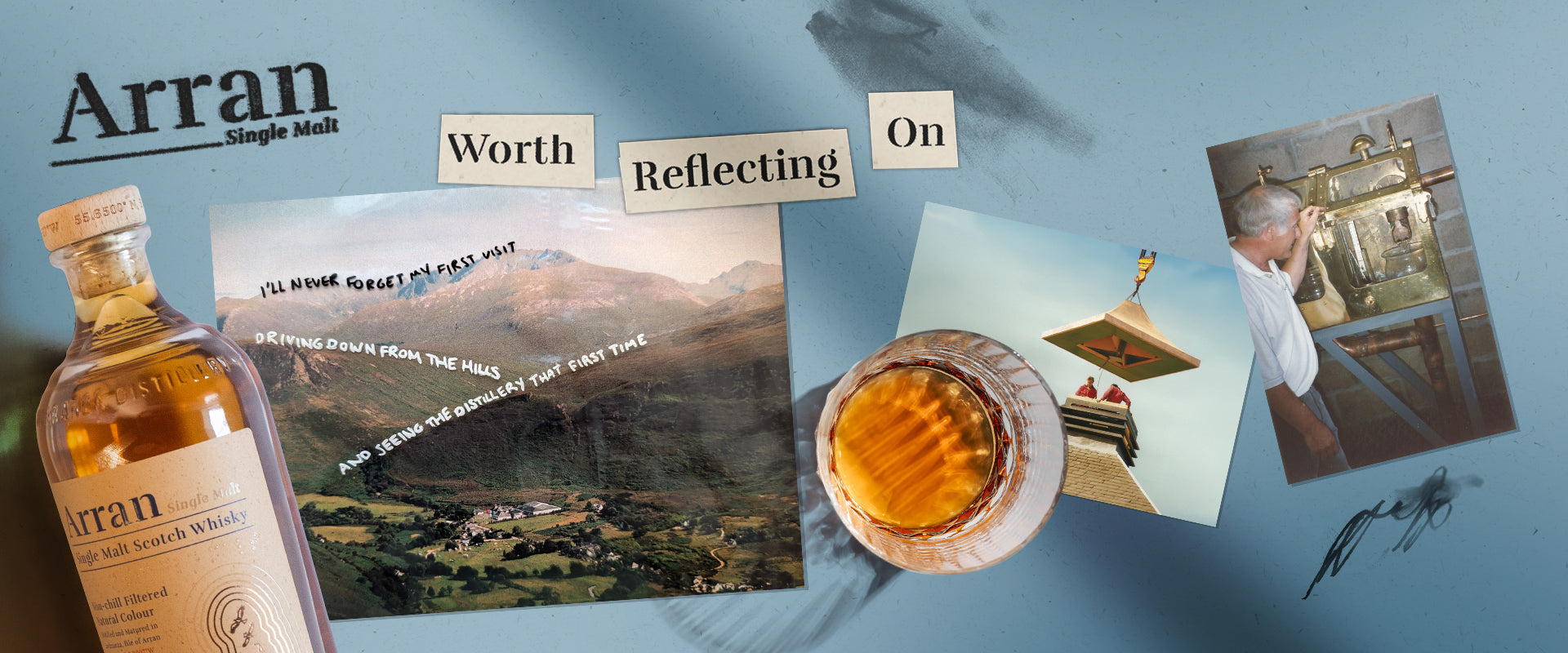 Flasche Whisky, Glas, und Fotos von malerischen Landschaften und einer Destillerie auf blauem Hintergrund.