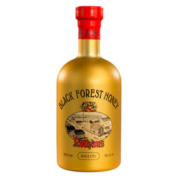 Goldene Flasche Black Forest Honey Likör von Rothaus mit rotem Verschluss.