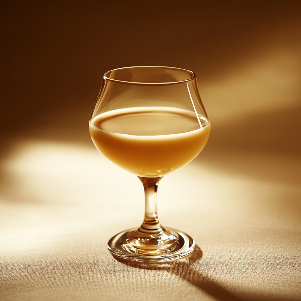 Glas mit cremefarbenem Getränk auf einem stoffbeladenen Tisch vor einem warmen, goldenen Hintergrund.