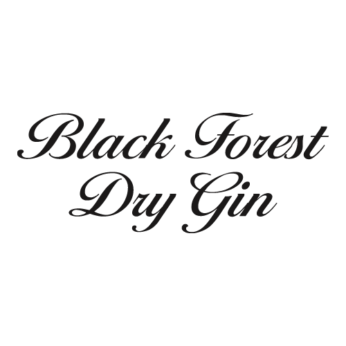 "Schriftzug 'Black Forest Dry Gin' in eleganter, geschwungener Schrift."