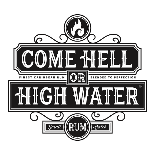 Schwarzes Logo mit der Aufschrift "Come Hell or High Water" und Verzierungen.