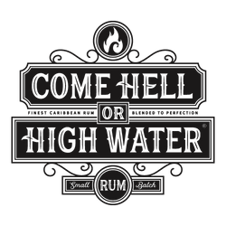 Schwarzes Logo mit der Aufschrift "Come Hell or High Water" und Verzierungen.