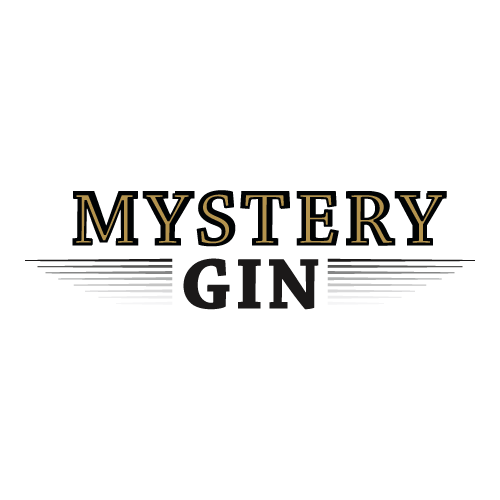 Logo mit dem Text "Mystery Gin" in goldenen und schwarzen Buchstaben auf schwarzem Hintergrund.