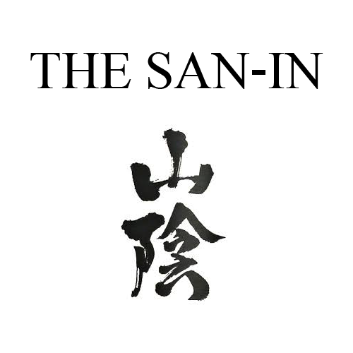 "Schwarze japanische Schriftzeichen mit dem Text 'THE SAN-IN' darüber auf weißem Hintergrund."