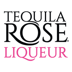 Logo von Tequila Rose Liqueur mit schwarzem und rosa Schriftzug.