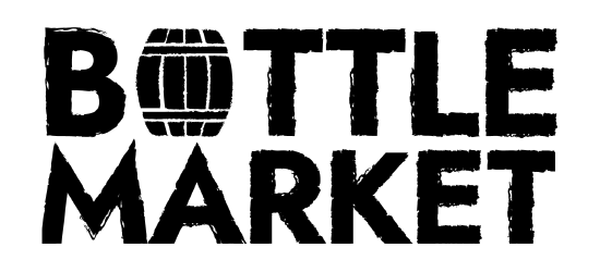 Logo mit der Aufschrift "Bottle Market" in grober Schrift, wobei das "O" als Fass gestaltet ist.