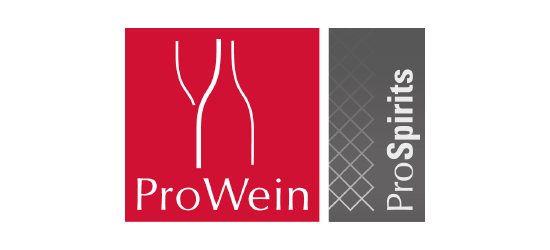 Logo von ProWein und ProSpirits, rot und grau mit stilisierten Weinflaschen.