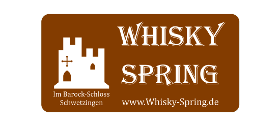 Logo von Whisky Spring mit einer stilisierten weißen Burg und Text auf braunem Hintergrund.