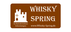 Logo von Whisky Spring mit einer stilisierten weißen Burg und Text auf braunem Hintergrund.