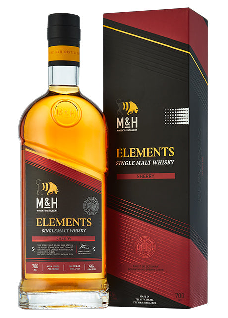 M&H Elements Single Malt Whisky Flasche und Verpackung in dunklen, eleganten Farben.