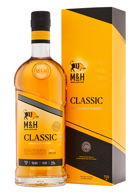 M&H Classic Single Malt Whisky mit gelber Verpackung.