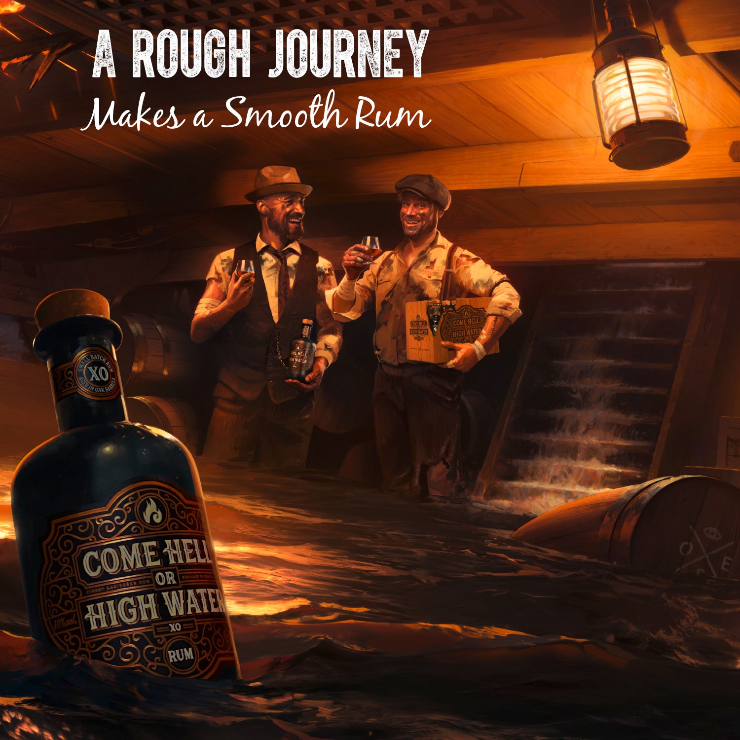 Zwei Männer in einem überfluteten Schiffsraum genießen Rum mit dem Slogan "A Rough Journey Makes a Smooth Rum".