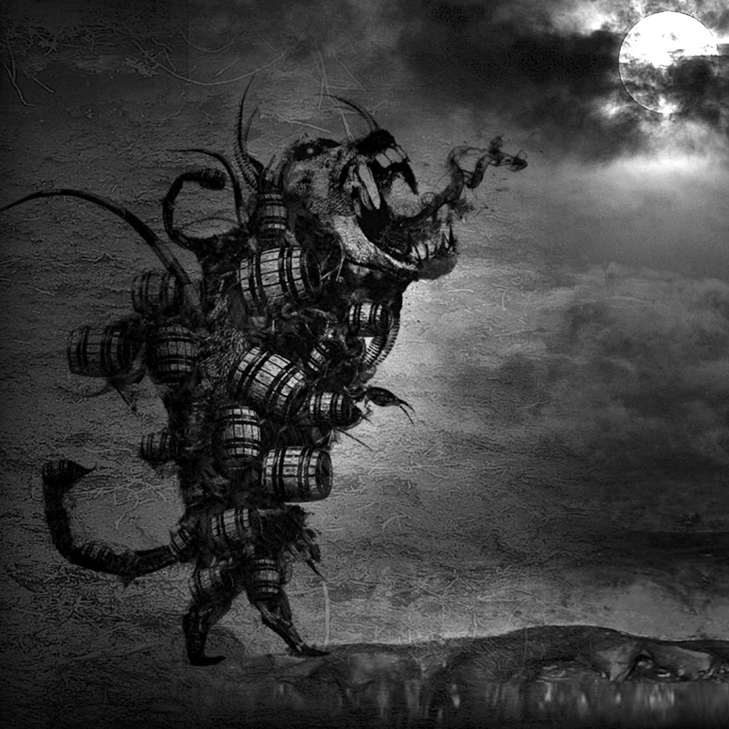 Albtraumhafte Kreatur aus Fässern bei Vollmond in düsterer Landschaft.