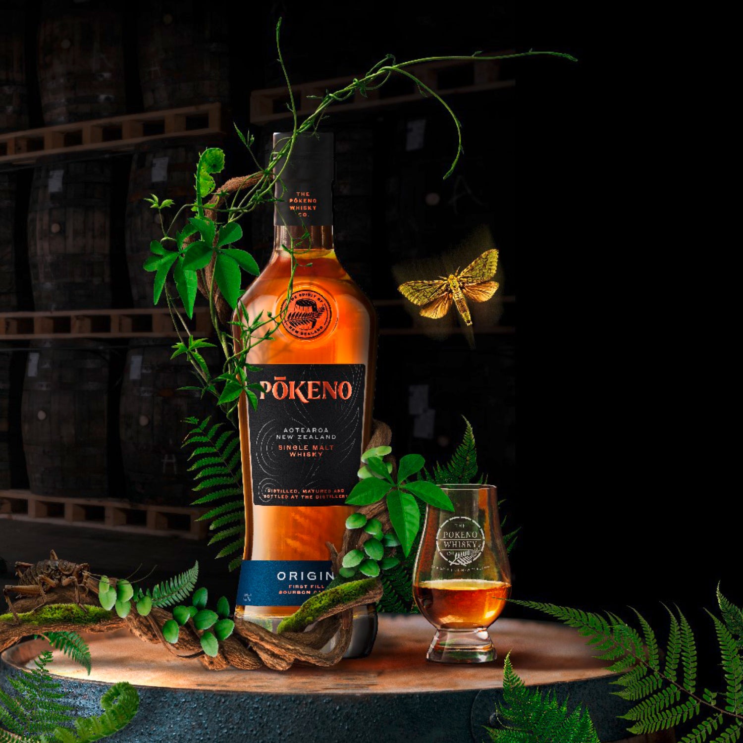 Eine Flasche Pōkeno Whisky, umgeben von Pflanzen und einem Glas, mit Fässern im Hintergrund.