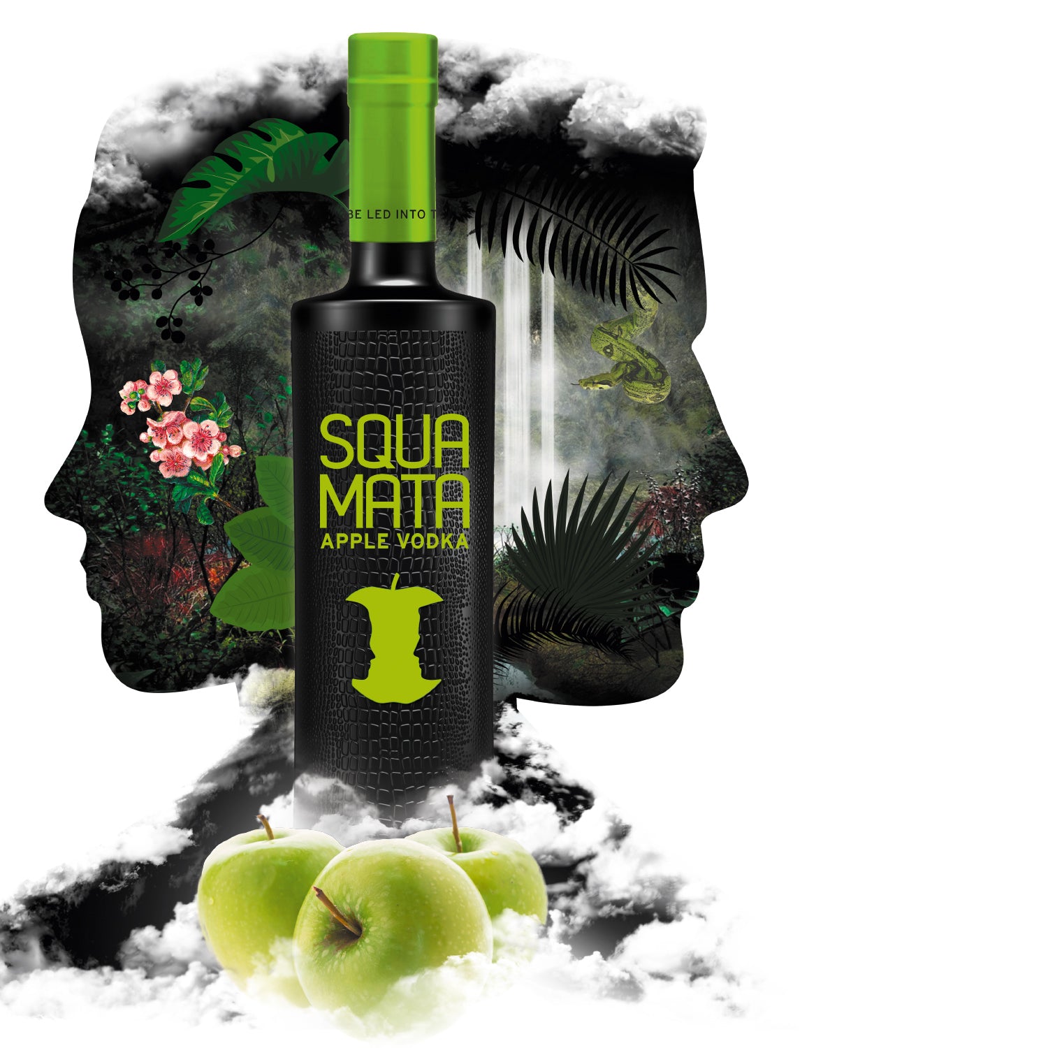 Flasche Squamata Apple Vodka mit Dschungelhintergrund und grünen Äpfeln vorne.