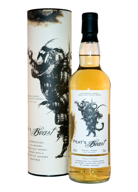 Eine Flasche Peat's Beast Whisky und die dazugehörige Verpackung mit einem kreativen Monsterdesign.
