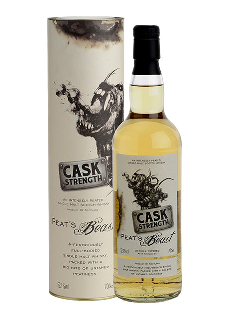 Flasche und Verpackung von Peat's Beast Cask Strength Whisky mit illustrativem Etikett.