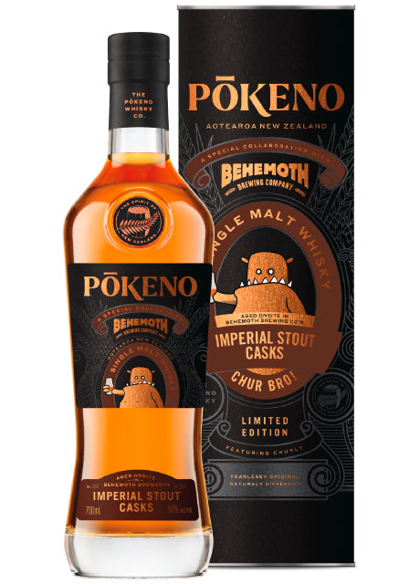 Pokeno Whisky-Flasche und Verpackung, limitiert, in Zusammenarbeit mit Behemoth Brewing Company hergestellt.