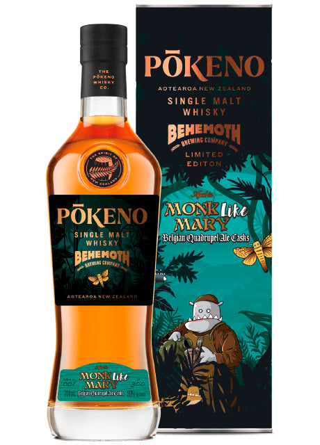 Flasche Pokeno Single Malt Whisky vor passender Verpackung mit Comic-Mönch und Dschungelmotiv.