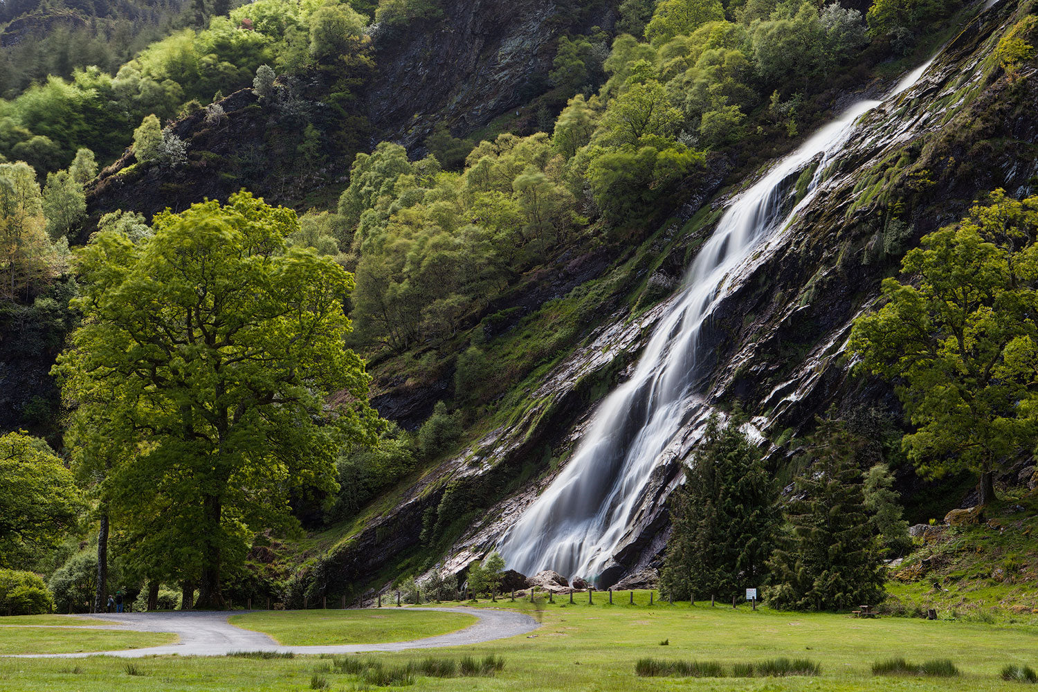 Ein großer Wasserfall stürzt eine bewaldete Felswand hinab, umgeben von Bäumen und einer Grünfläche im Vordergrund.