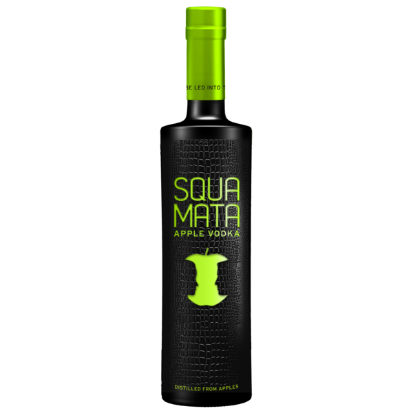 Schwarze Vodka-Flasche mit grünen Details und Krokodilmuster, beschriftet mit 