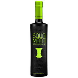 Schwarze Vodka-Flasche mit grünen Details und Krokodilmuster, beschriftet mit "Squamata Apple Vodka".