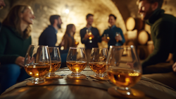Menschen genießen Whisky in einem Keller mit Barriquefässern im Hintergrund.
