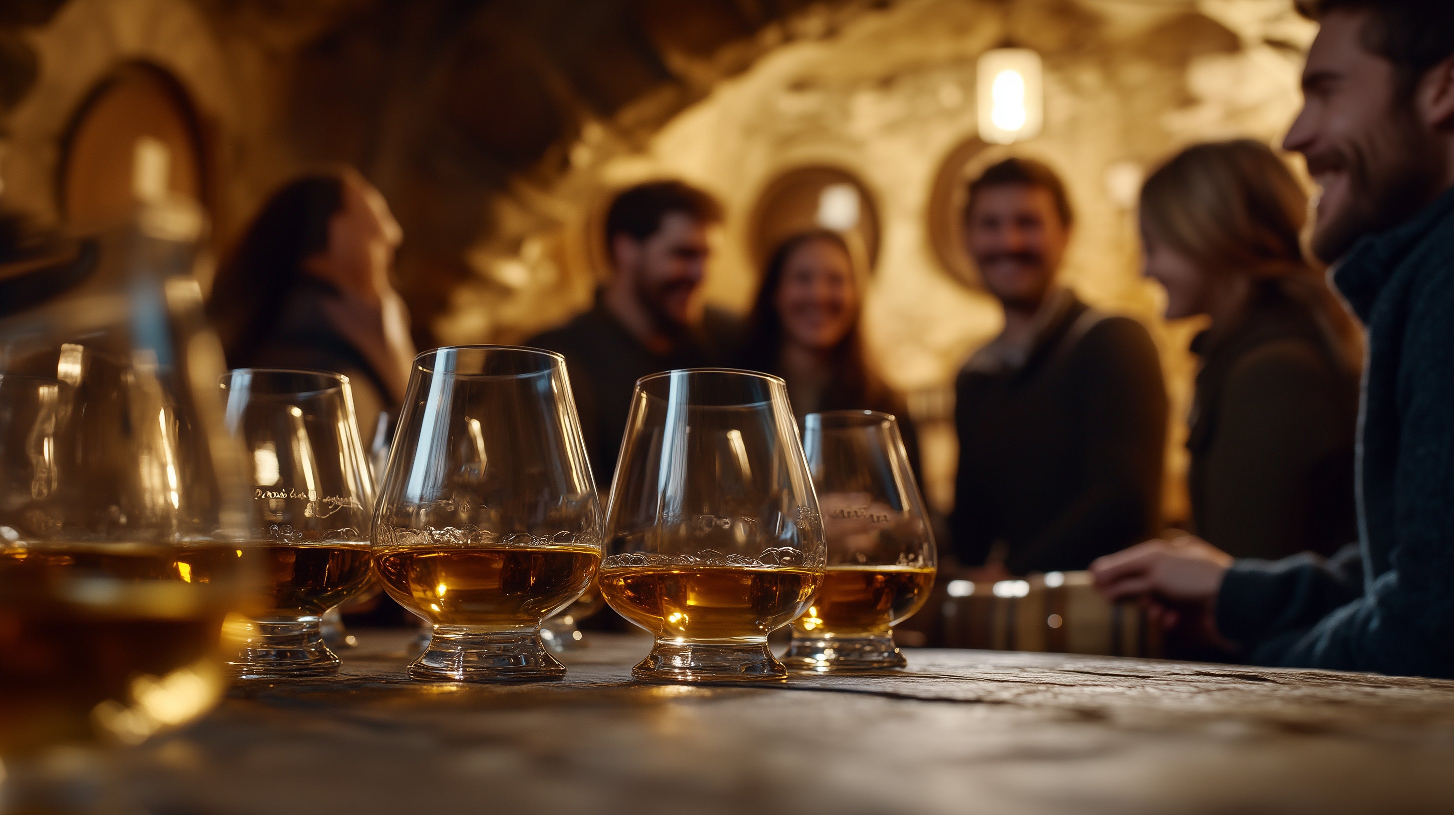 Mehrere Gläser mit Whisky auf einem Tisch, im Hintergrund eine fröhliche Gruppe von Menschen in einem Gewölbekeller.