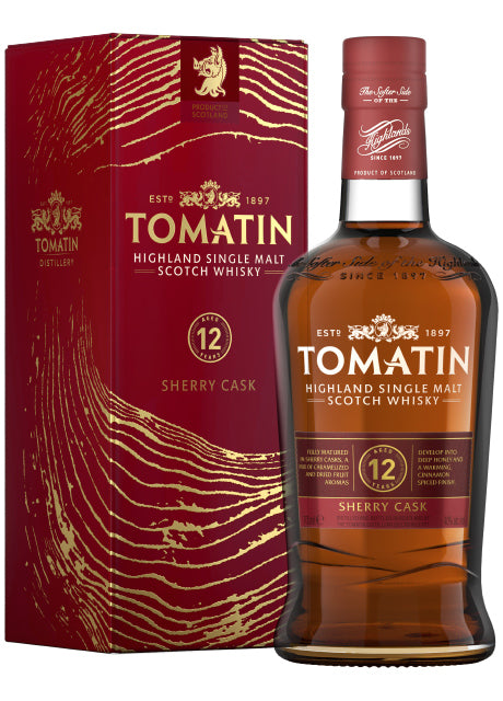 Flasche Tomatin 12 Jahre Sherry Cask Whisky neben passender Verpackung.