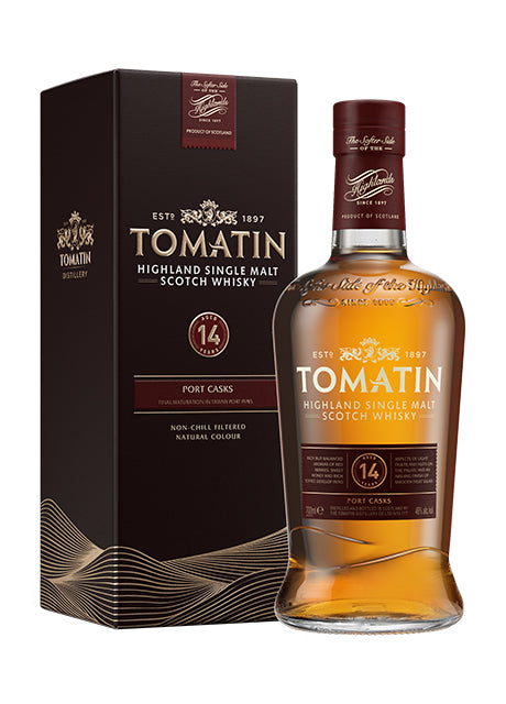 Eine Flasche Tomatin 14 Jahre Highland Single Malt Whisky neben einer passenden Verpackung.