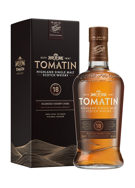 Tomatin 18 Jahre Highland Single Malt Scotch Whisky mit Verpackung.