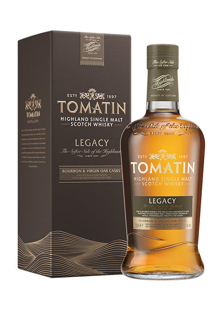 Tomatin Legacy Highland Single Malt Scotch Whisky Flasche und Verpackung.