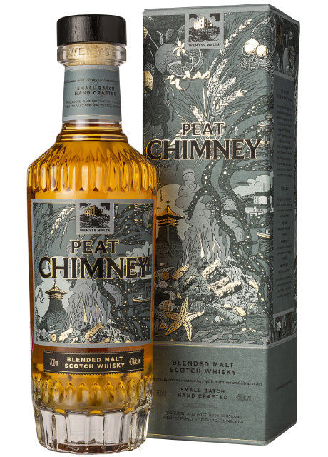 Flasche und Verpackung von Peat Chimney Blended Malt Scotch Whisky mit kunstvollem Design.