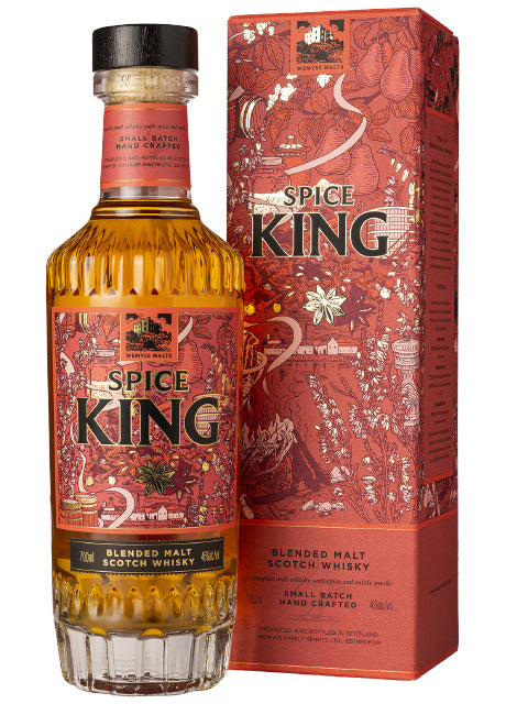 Flasche Spice King Whisky mit passender Geschenkbox, dekoriert mit botanischen Illustrationen.