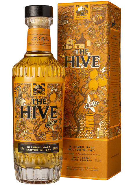 Eine Flasche und eine Verpackung von "The Hive" Blended Malt Scotch Whisky, dekoriert mit Bienen- und Naturmotiven.