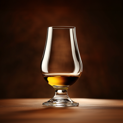 Ein Glencairn-Whiskyglas mit bernsteinfarbener Flüssigkeit steht auf einem Holztisch vor einem braunen Hintergrund.