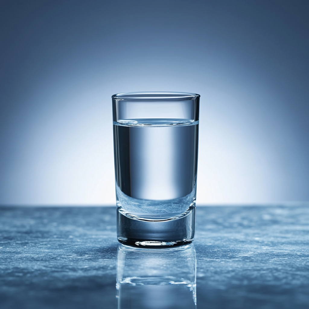 Ein mit Wasser gefülltes Glas steht auf einer reflektierenden Oberfläche vor einem blauen Hintergrund.