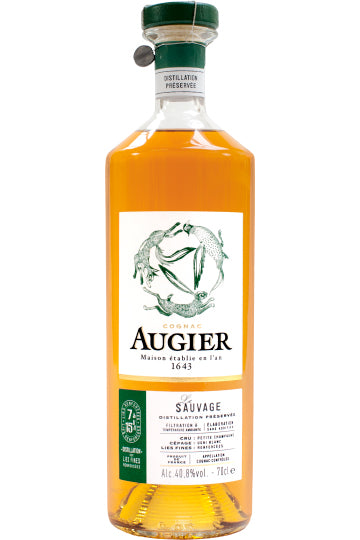 Flasche Augier Sauvage Cognac mit Etikett und grünem Verschluss.