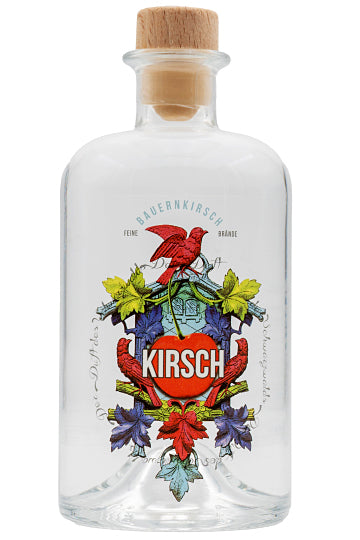 Klare Flasche mit buntem Etikett, darauf das Wort 