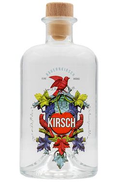 Klare Flasche mit buntem Etikett, darauf das Wort "Kirsch" und farbenfrohe Vögel und Blätter abgebildet.