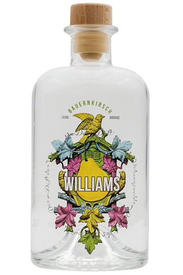 Eine klare Flasche mit Holzverschluss und dekorativem Etikett der Marke Williams.