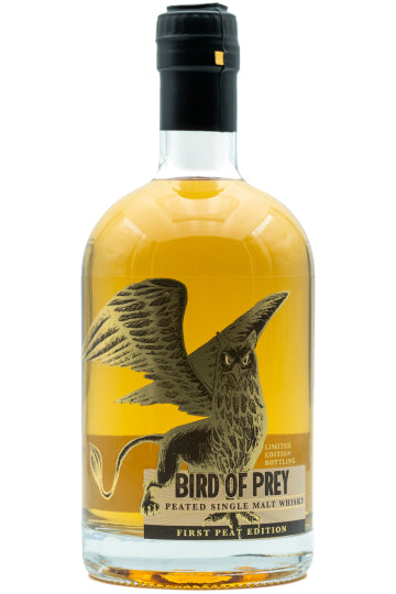 Flasche Bird of Prey Peated Single Malt Whisky mit Etikett eines Greifvogels.
