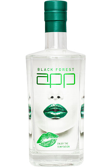 Transparente Flasche mit einem Gesicht, grüne Lippen im Vordergrund, Beschriftung: "Black Forest" und "Enjoy the Temptation".
