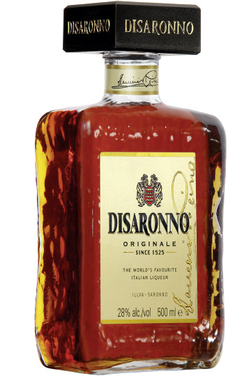 Eine Flasche Disaronno Likör mit schwarzem Verschluss und goldfarbenem Etikett.