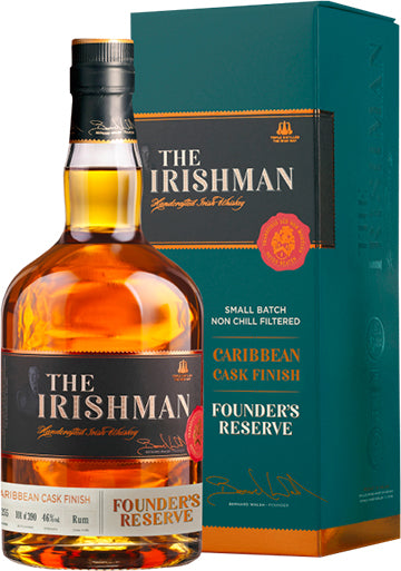 Flasche des The Irishman Caribbean Cask Finish Whiskey mit passender Verpackung.