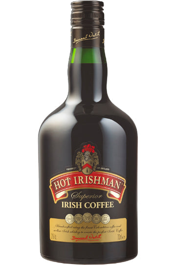 Eine Flasche Hot Irishman Superior Irish Coffee mit einem Etikett und Wappen.