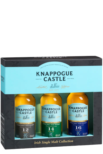 Knappogue Castle Irish Single Malt Collection mit 12-, 14- und 16-jährigen Whiskeys in einer Geschenkbox.
