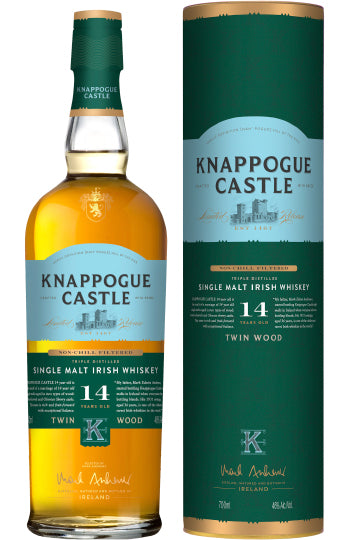 Knappogue Castle 14 Jahre Single Malt Irish Whiskey Flasche und Verpackung.