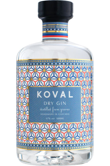 Koval Dry Gin Flasche mit geometrischem Etikettendesign.